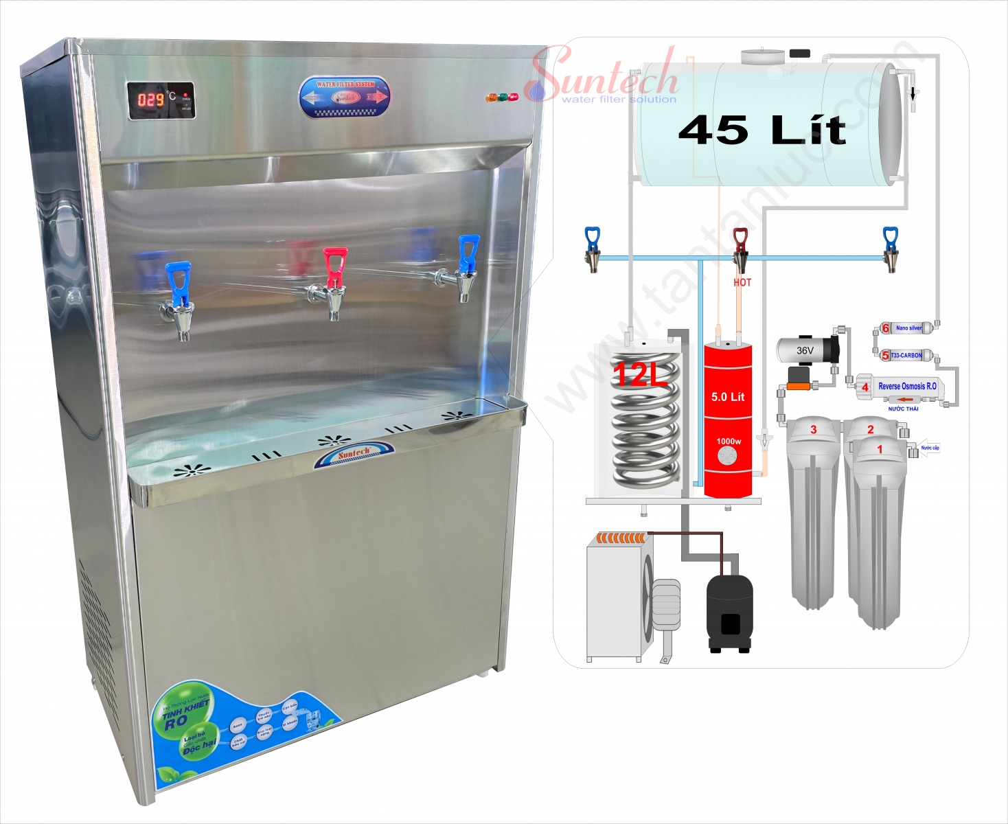 Máy lọc nước RO nóng lạnh 50L gắn 3 vòi